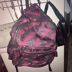 Betsey Johnson Black Backpack with Pink Logo and Hearts